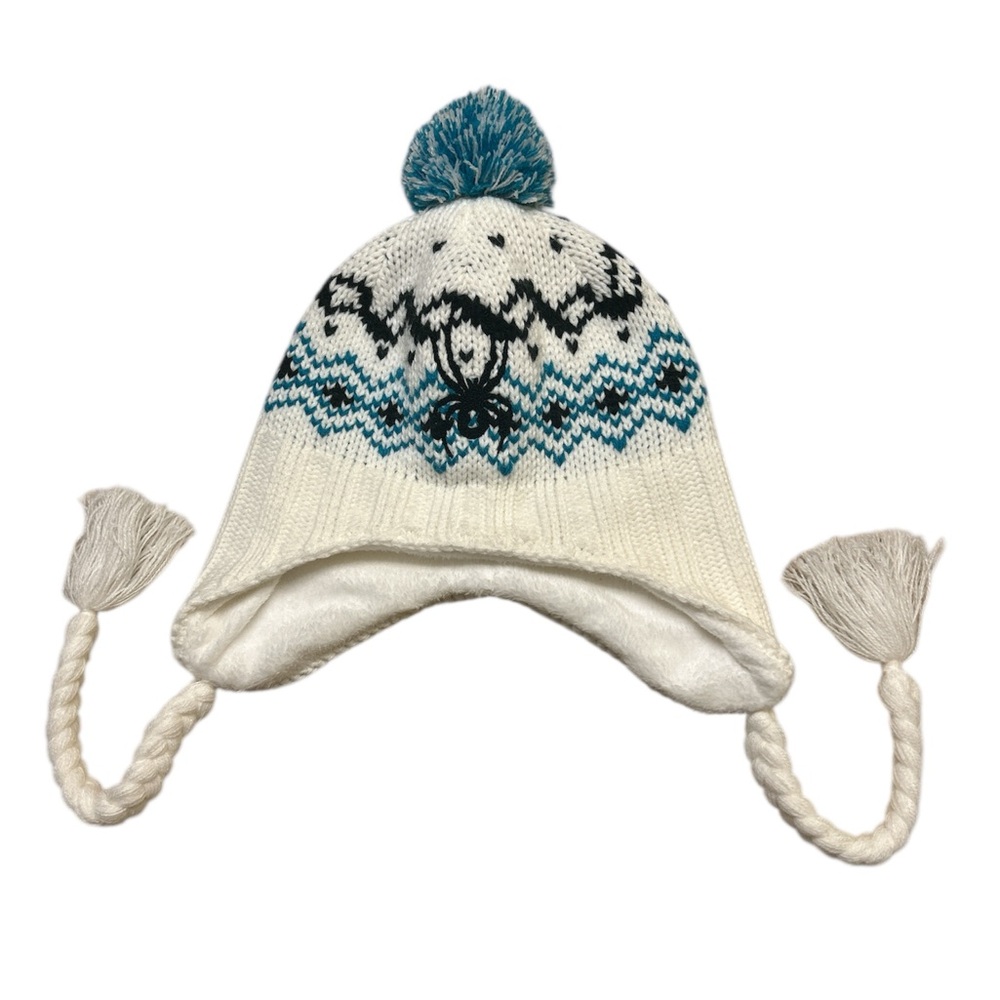 Spyder White and Blue Knit Trapper Hat with Earflaps